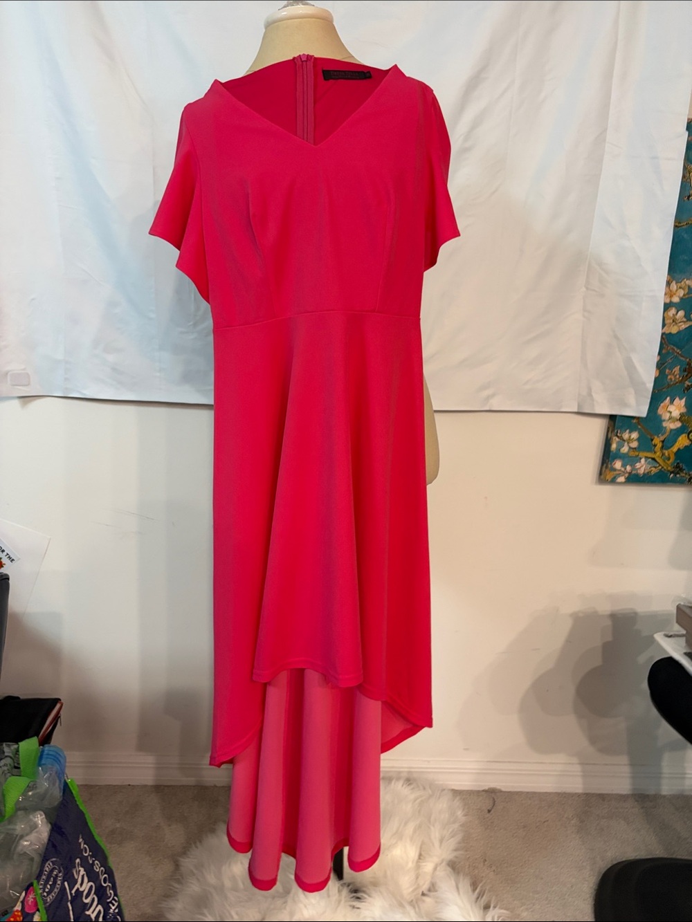 Vibrant Pink V-Neck High-Low Dress